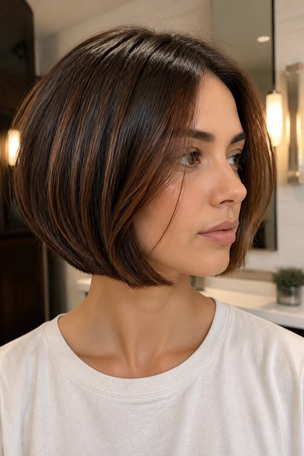 Close-up portrait of a woman with blunt-edge bob and interior layers.