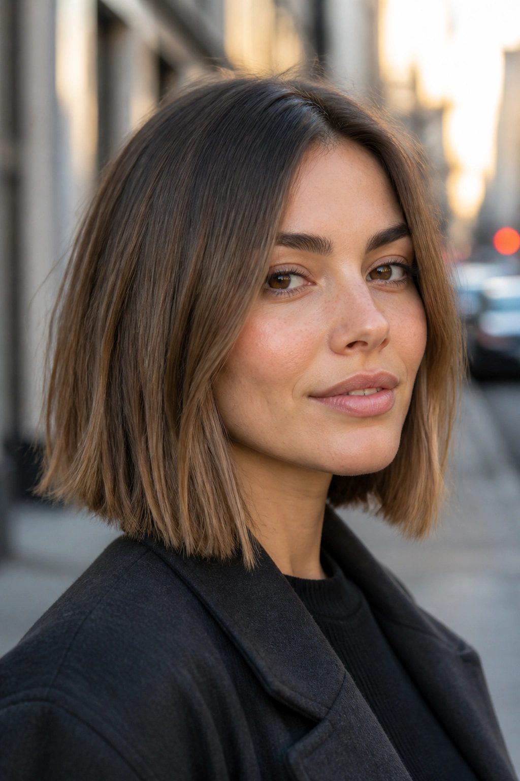 Close-up portrait of a real woman with a blunt-edge lob showing internal texture