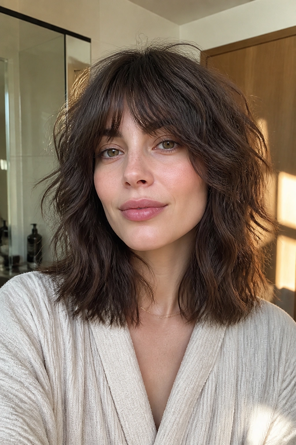 Close-up of a real woman with blunt-edged wavy shag