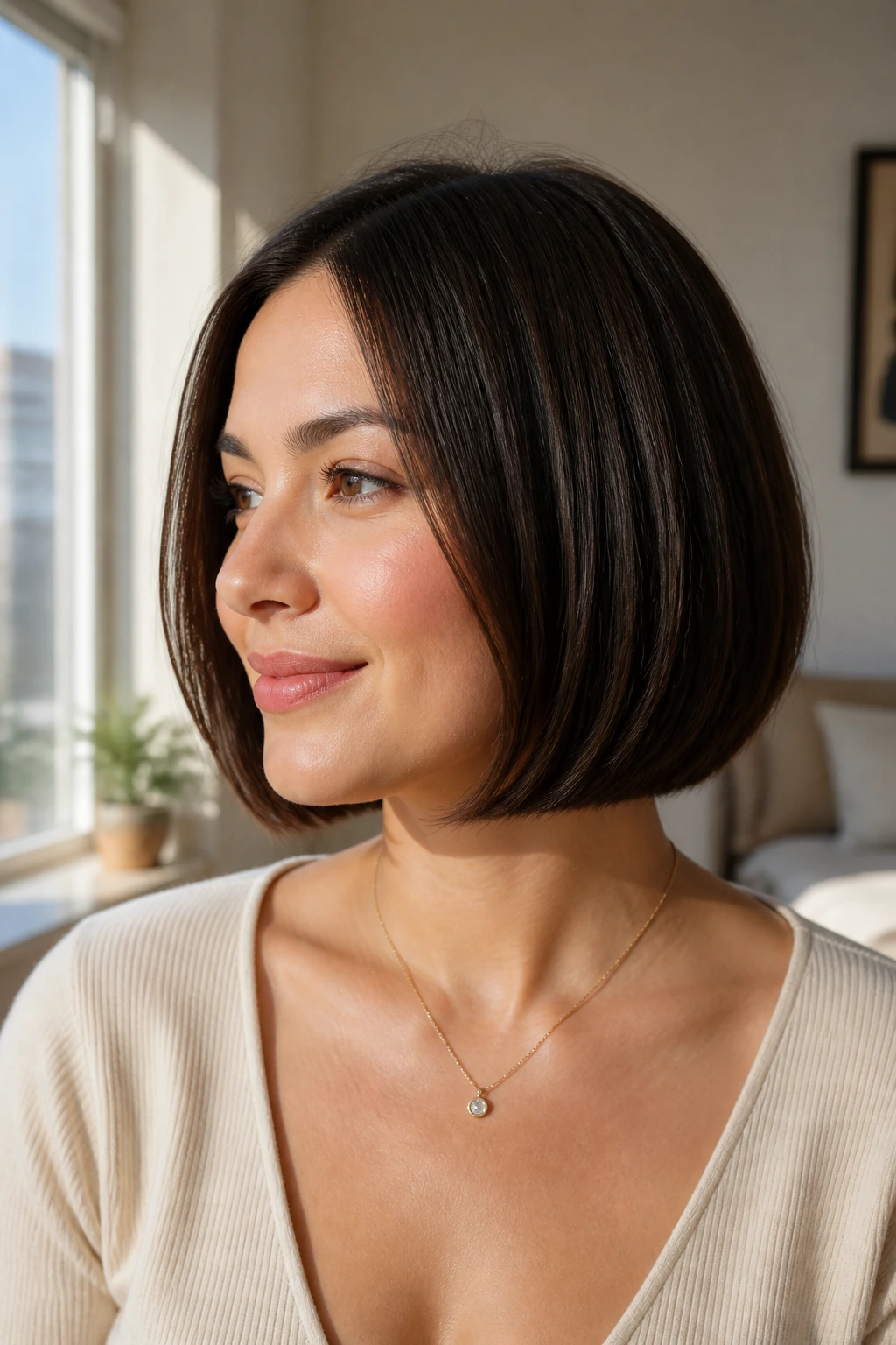 Real-woman portrait with blunt-edged bob and soft bevel at the ends.