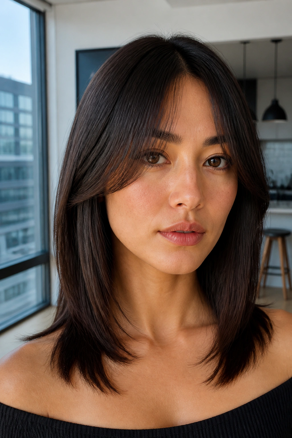 Close-up portrait of a real woman with blunt-edged curtain bangs and tapered ends.