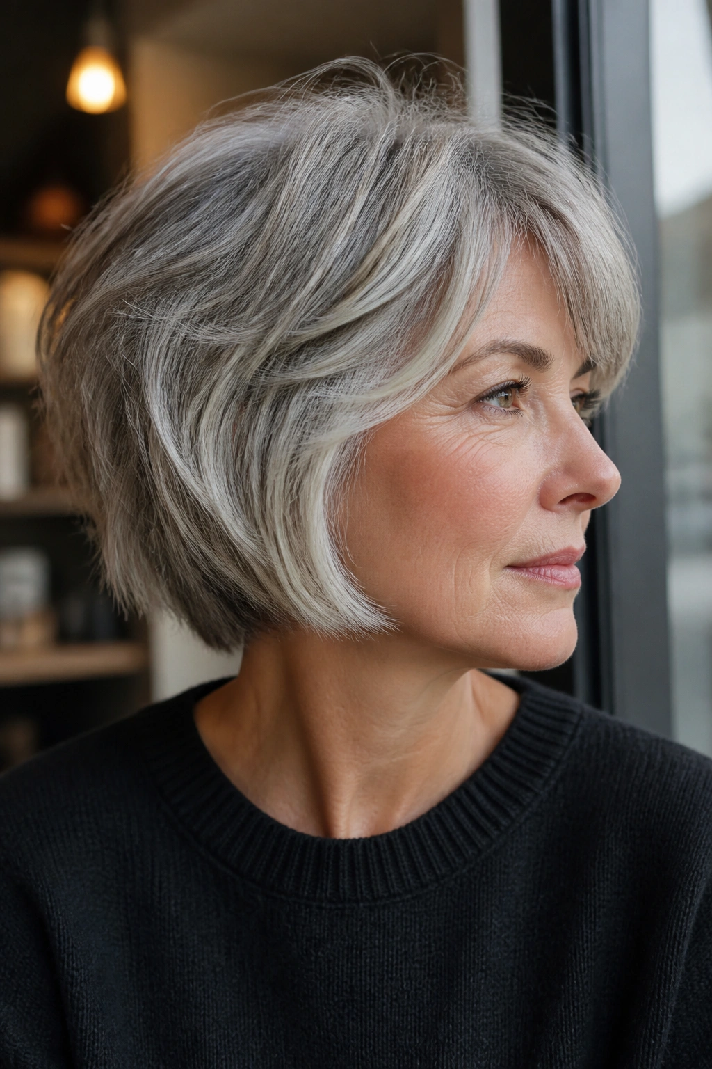 Close-up portrait of a real woman with blunt-edged shag bob and internal lift