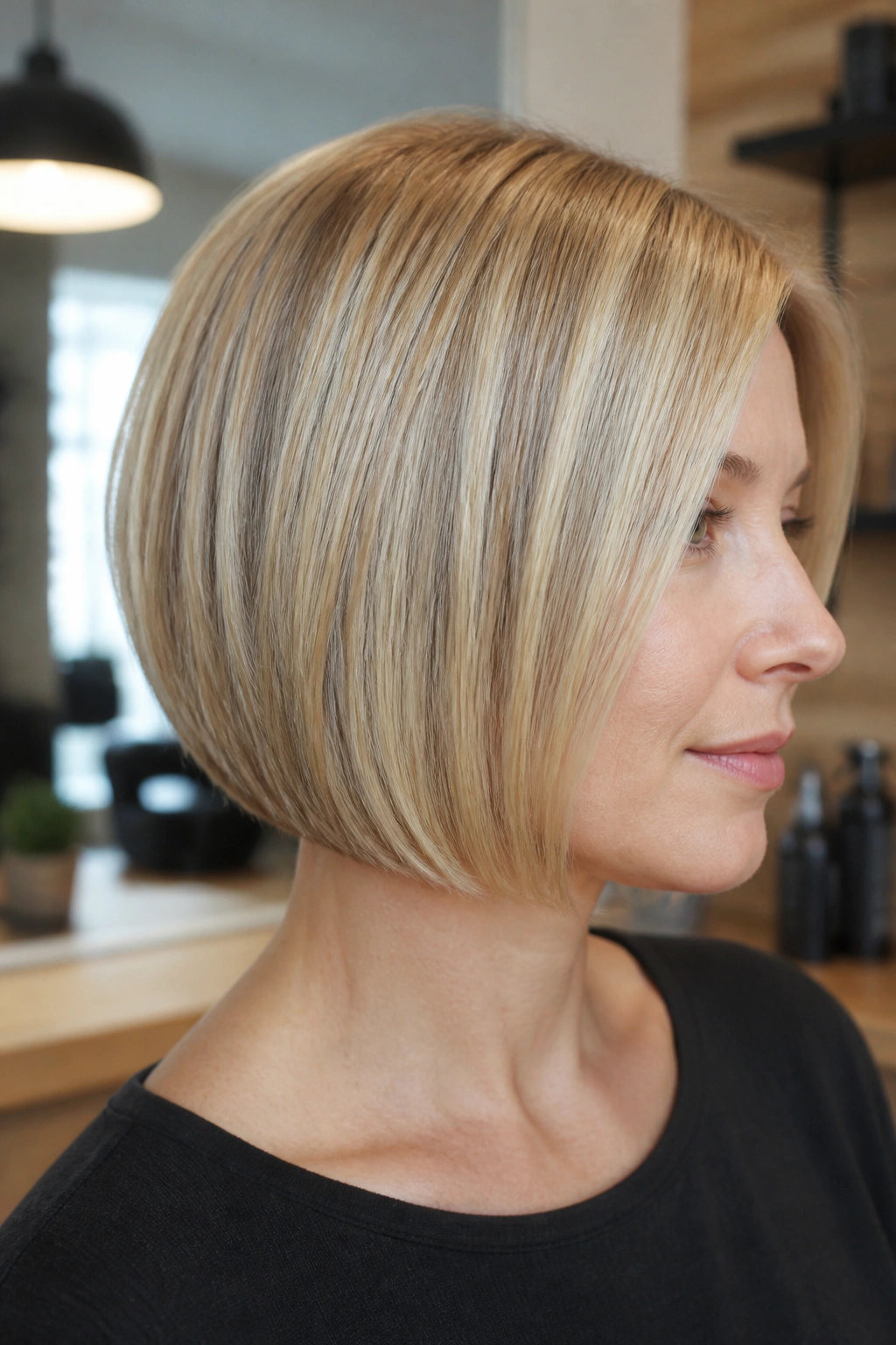 Close-up of a real woman with blunt-edged stacked bob