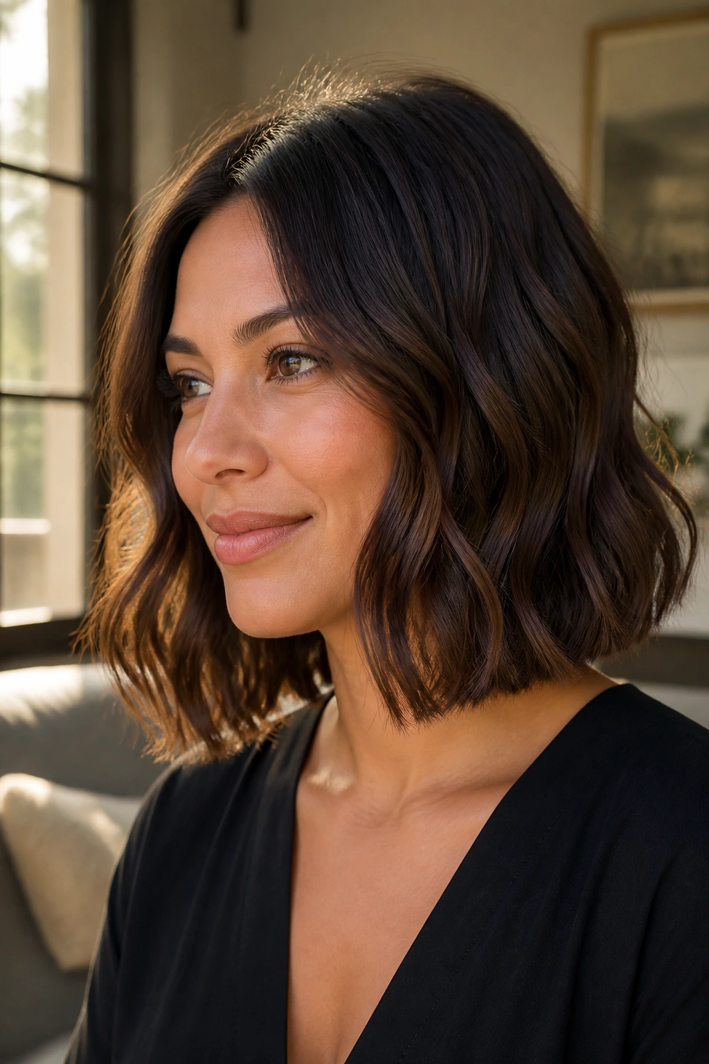 Close-up portrait of a real woman with blunt-ended long wavy bob in natural window light.