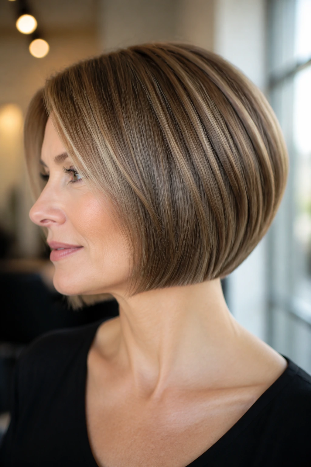 Real woman with blunt-ended stacked bob showing dense edge