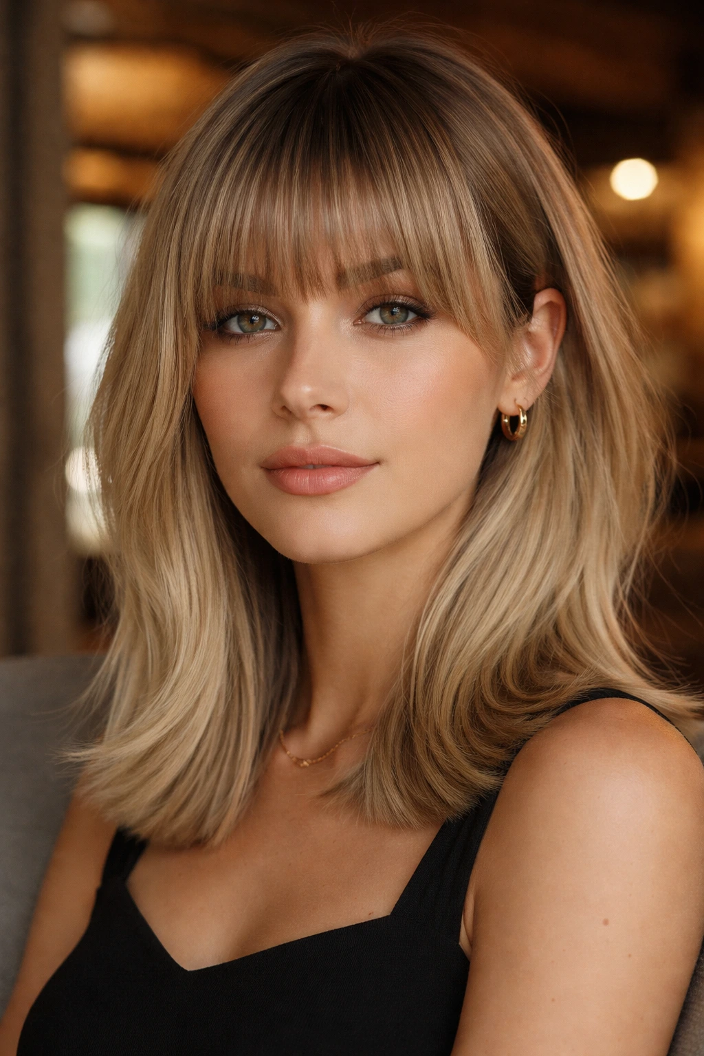 Close-up of blunt-cut bangs with soft sides on a real person