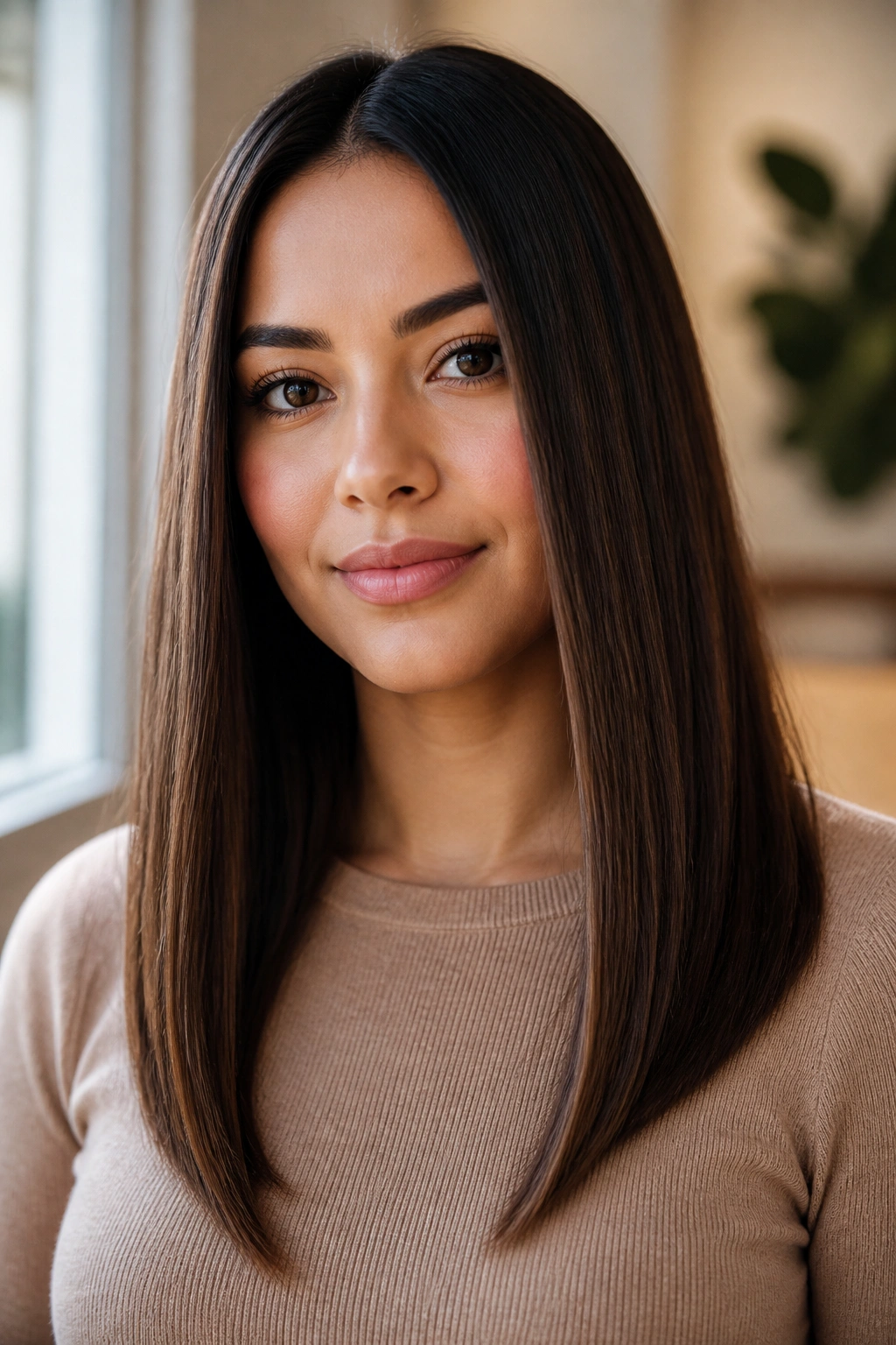 Portrait of a real woman with blunt ends angled forward