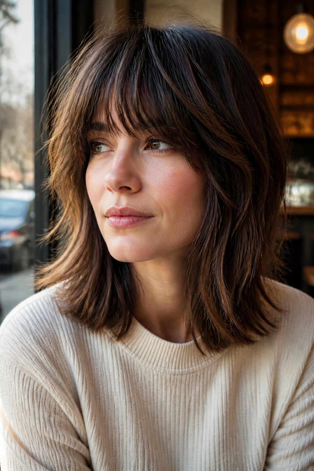 Portrait of a woman with a medium shag and blunt ends