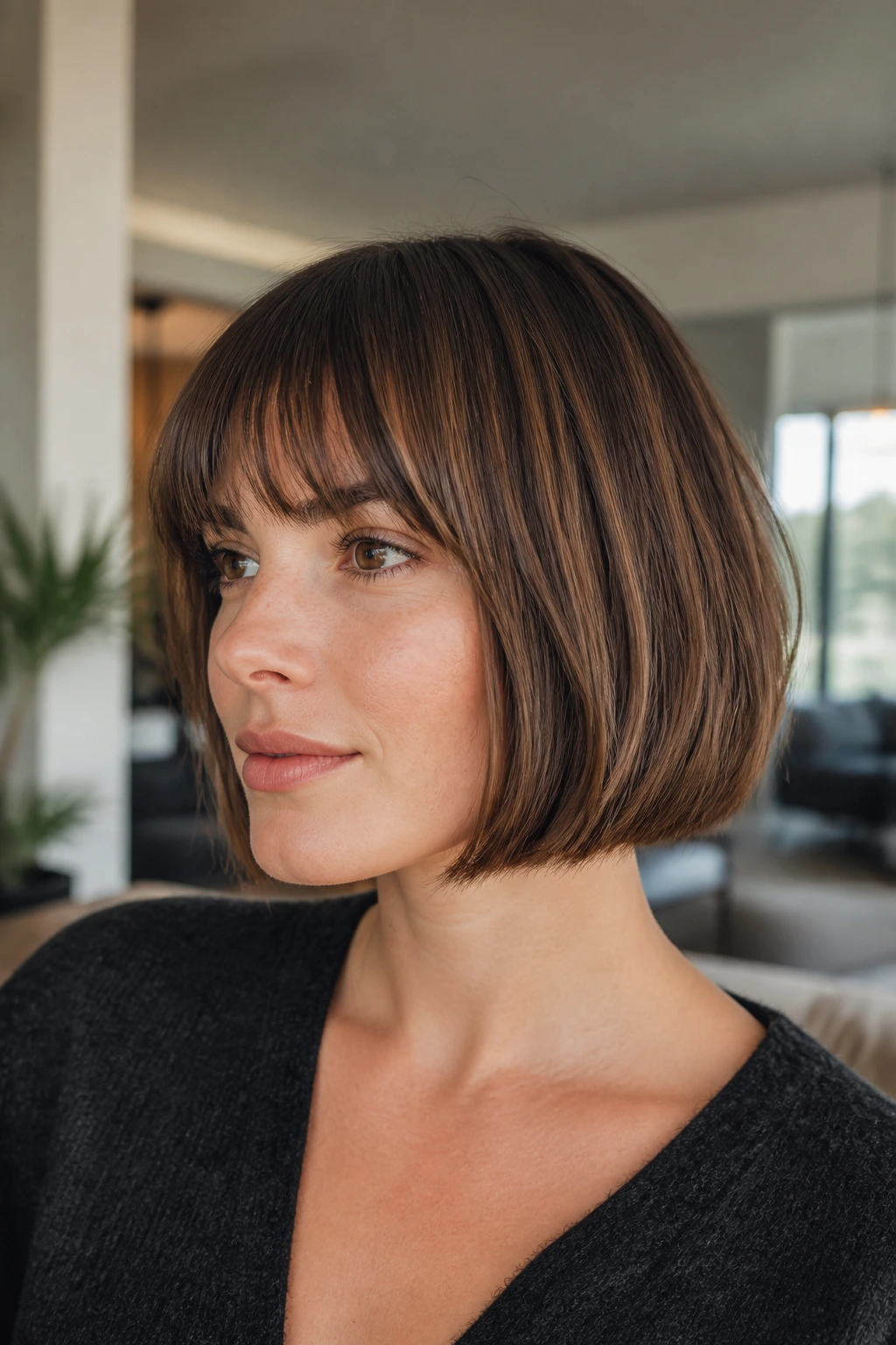 Close-up portrait of a real woman with blunt French bob for fine hair in a soft-lit room