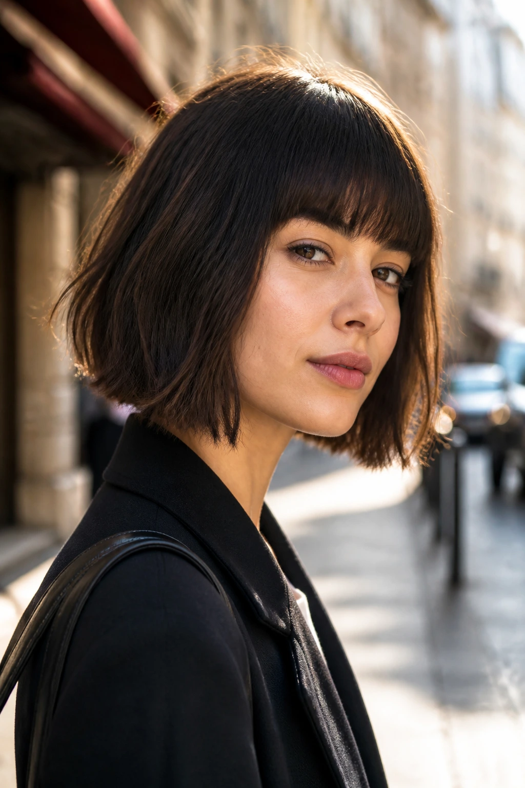 Real woman with blunt fringe and angled bob in outdoor setting