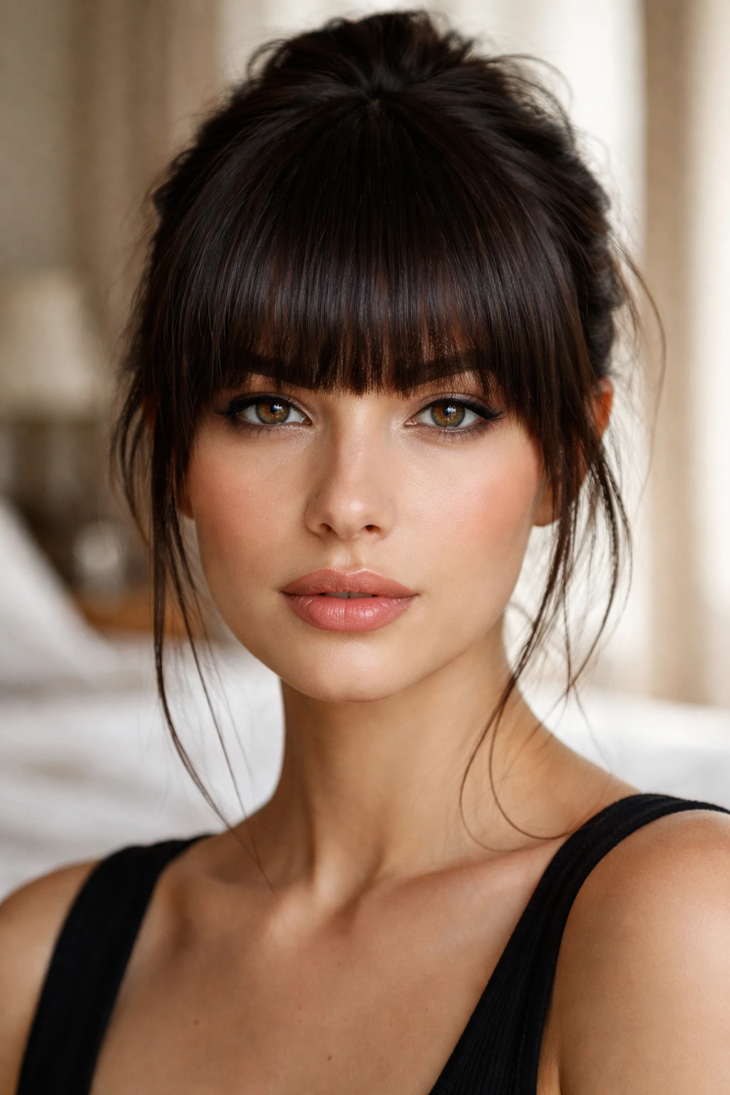 Real woman with blunt fringe framing eyes in soft indoor light