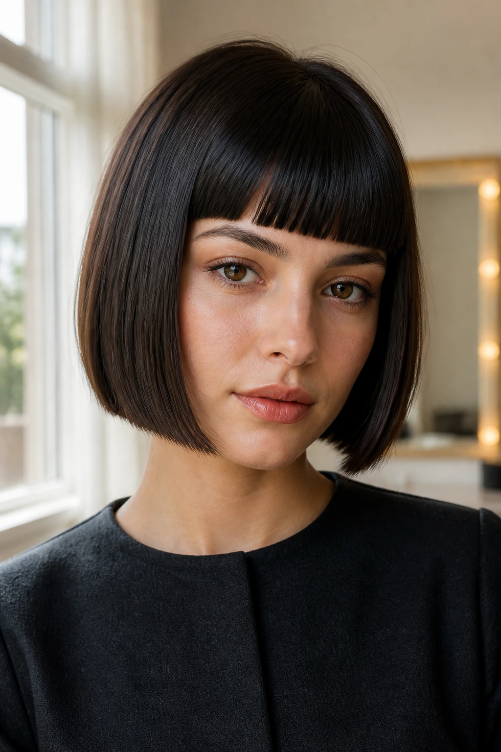 Brunette woman with blunt fringe and blunt bob in bright dressing room