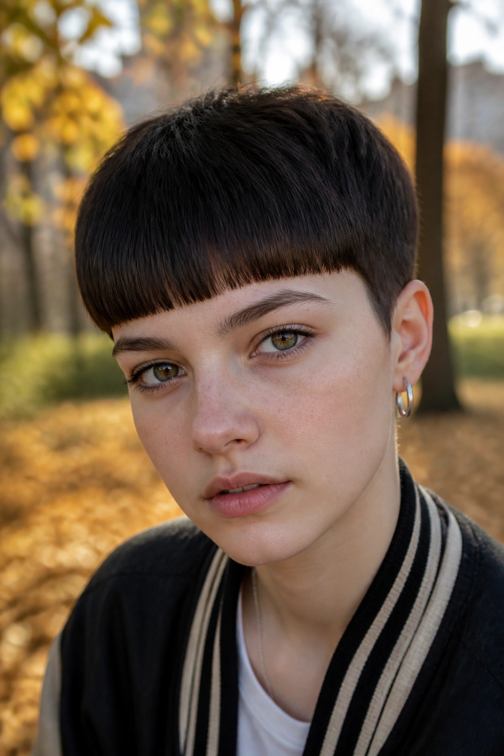 Close-up of a girl with a blunt fringe crop hairstyle