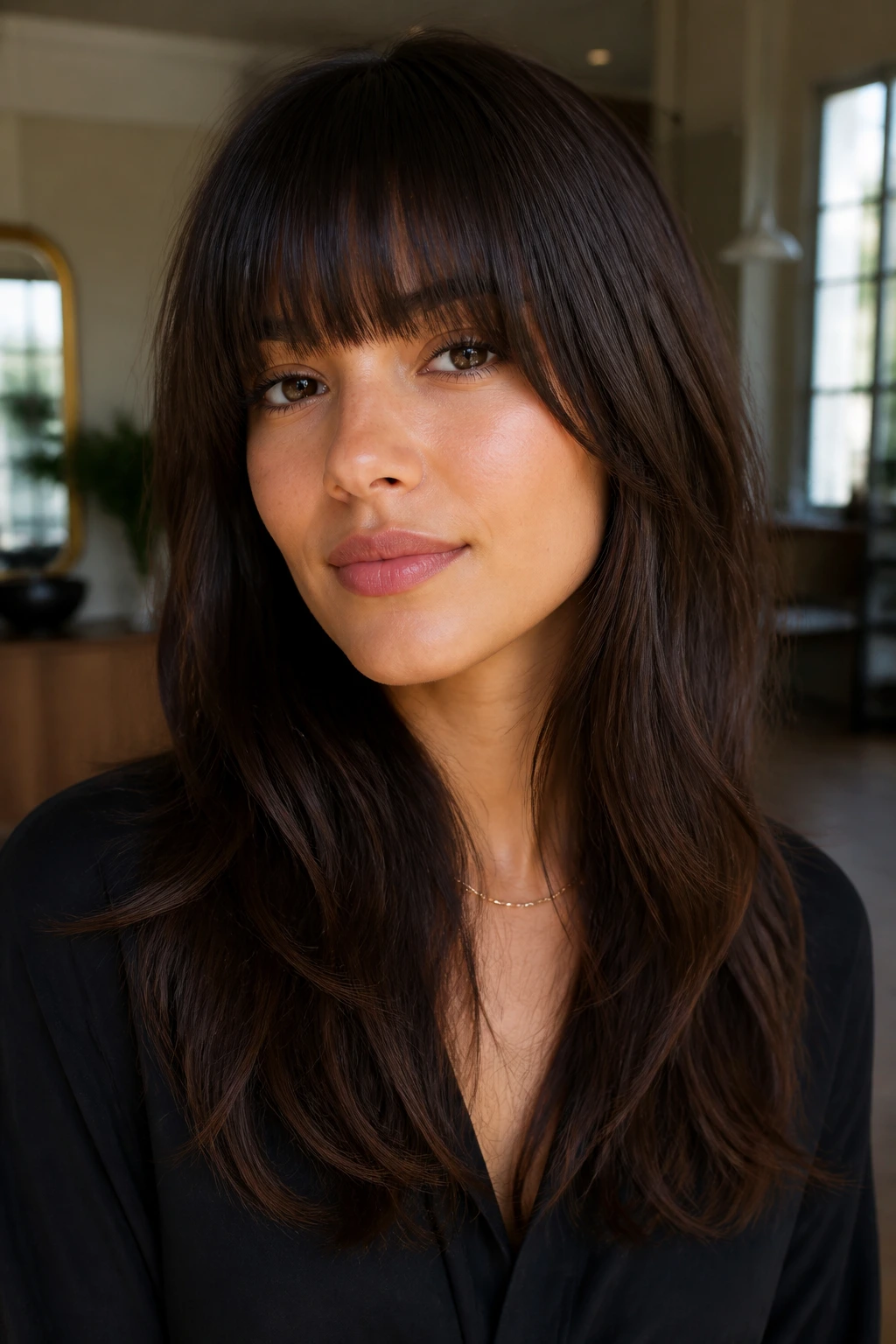 Real woman with blunt fringe and face-framing layers.