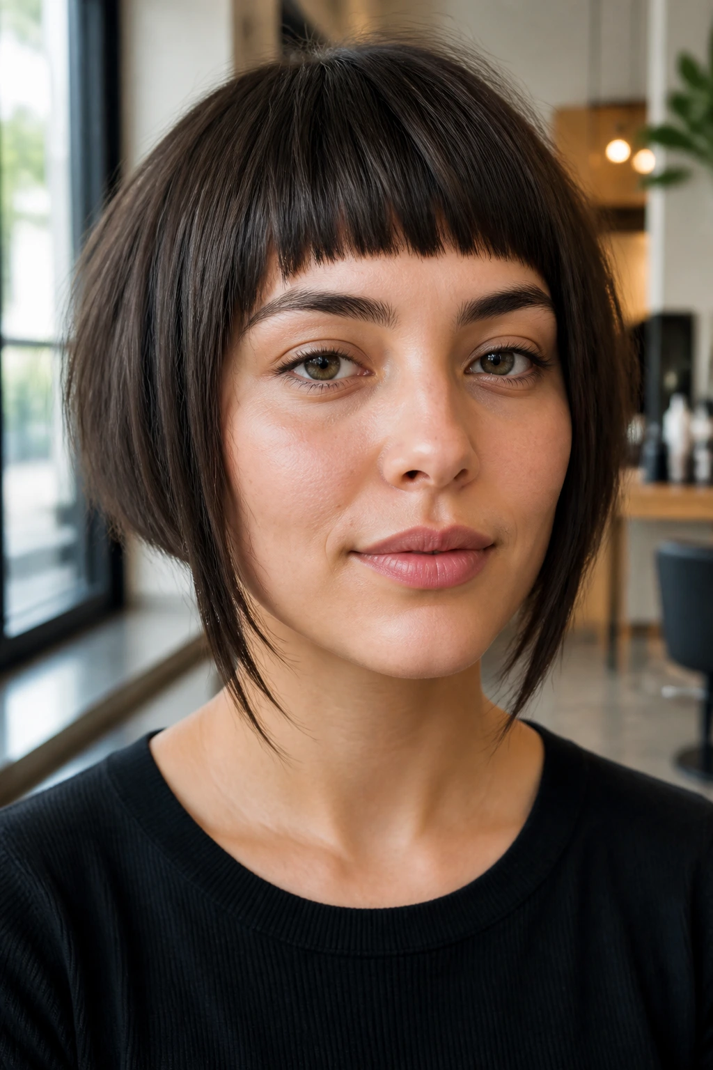 Close-up of a real person with a short blunt fringe and longer sides