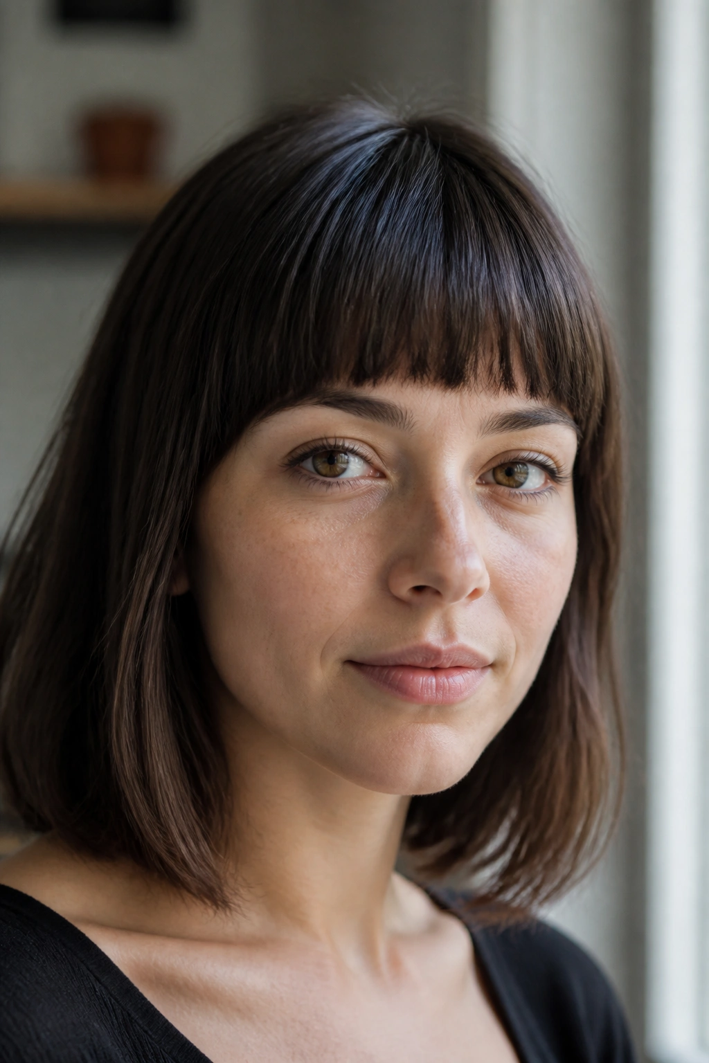 Close-up portrait of a real woman with a brow-length short blunt fringe with soft ends.