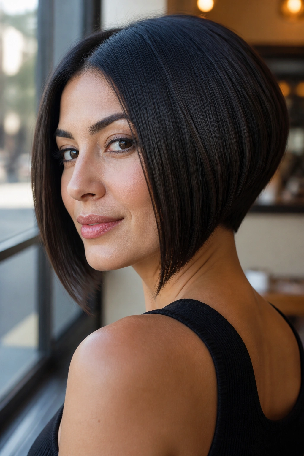 Close-up of a real woman with blunt-front inverted bob and tapered back