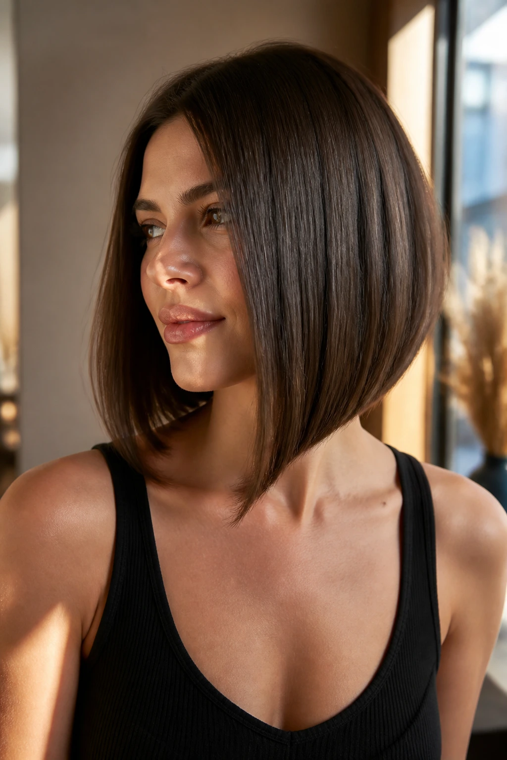 Portrait of a woman with a blunt long inverted bob with a polished bend