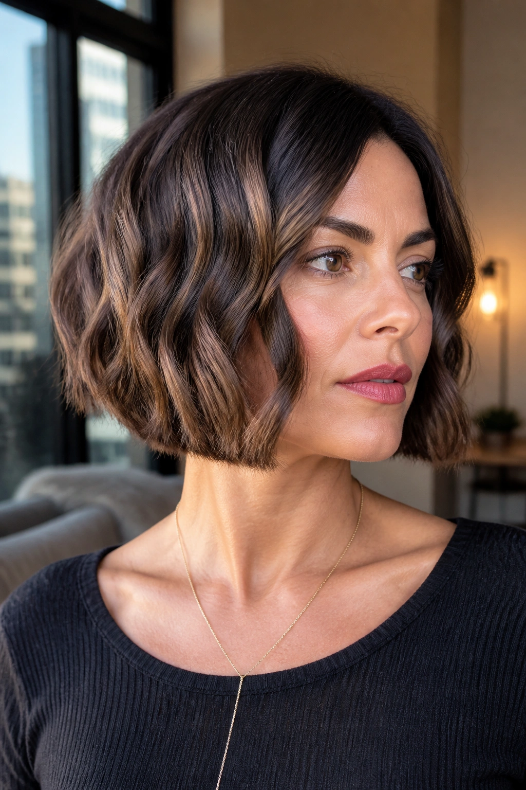 Close-up of a real woman with blunt inverted bob and polished waves.