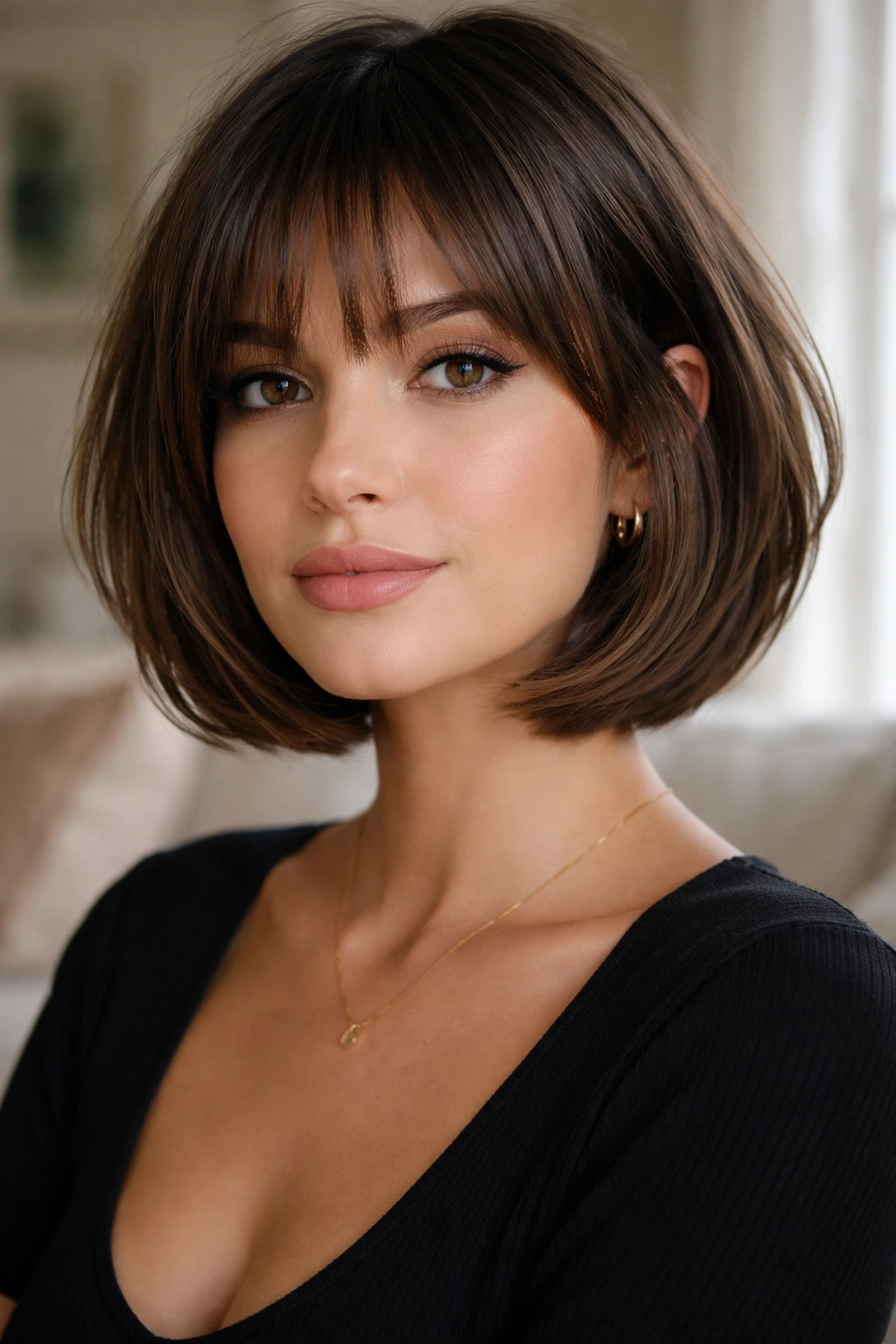 Close-up portrait of a real woman with blunt Italian-French hybrid bob.