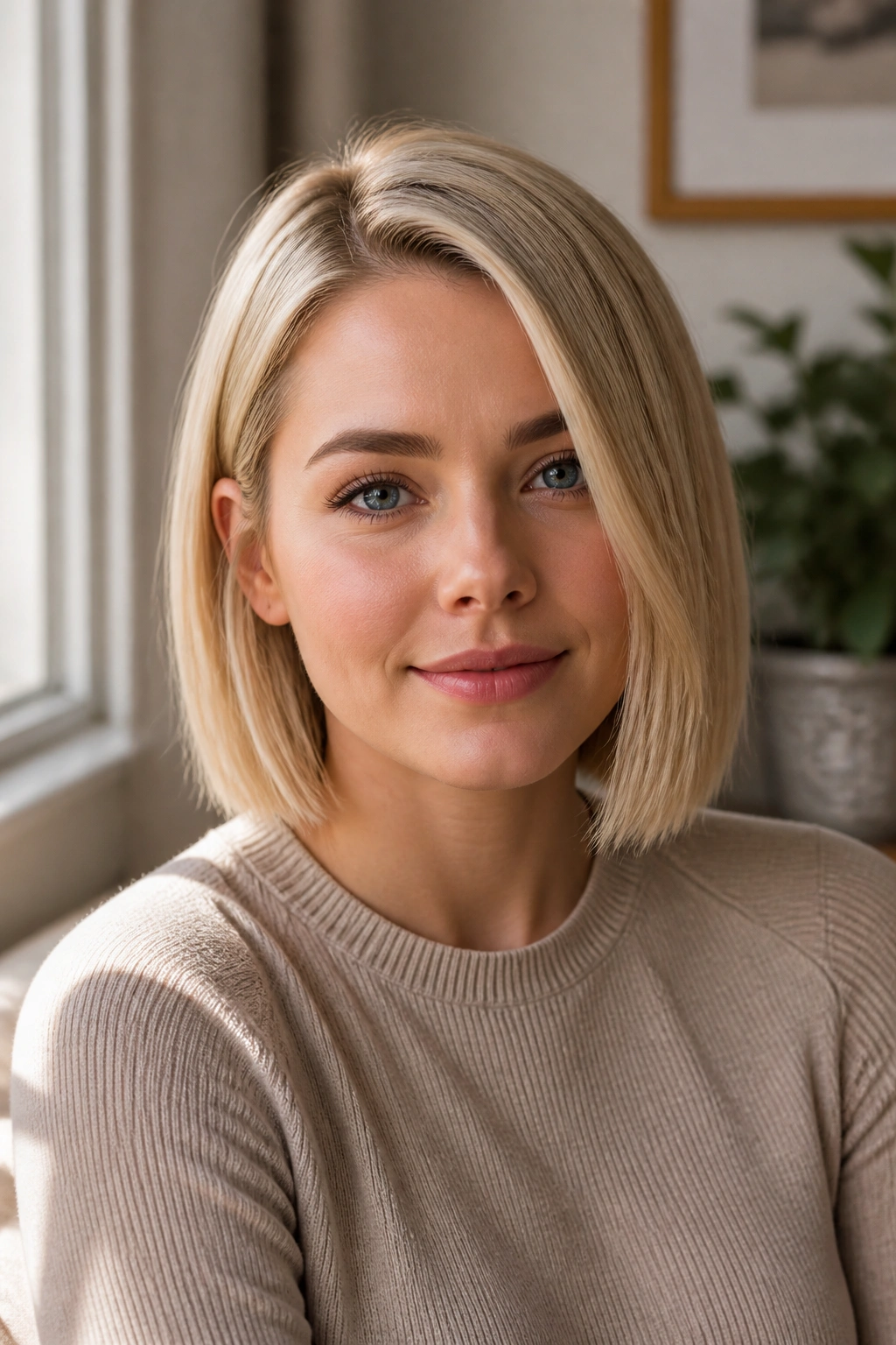 Close-up portrait of a real woman with a blunt jaw-length bob and off-center part in blonde