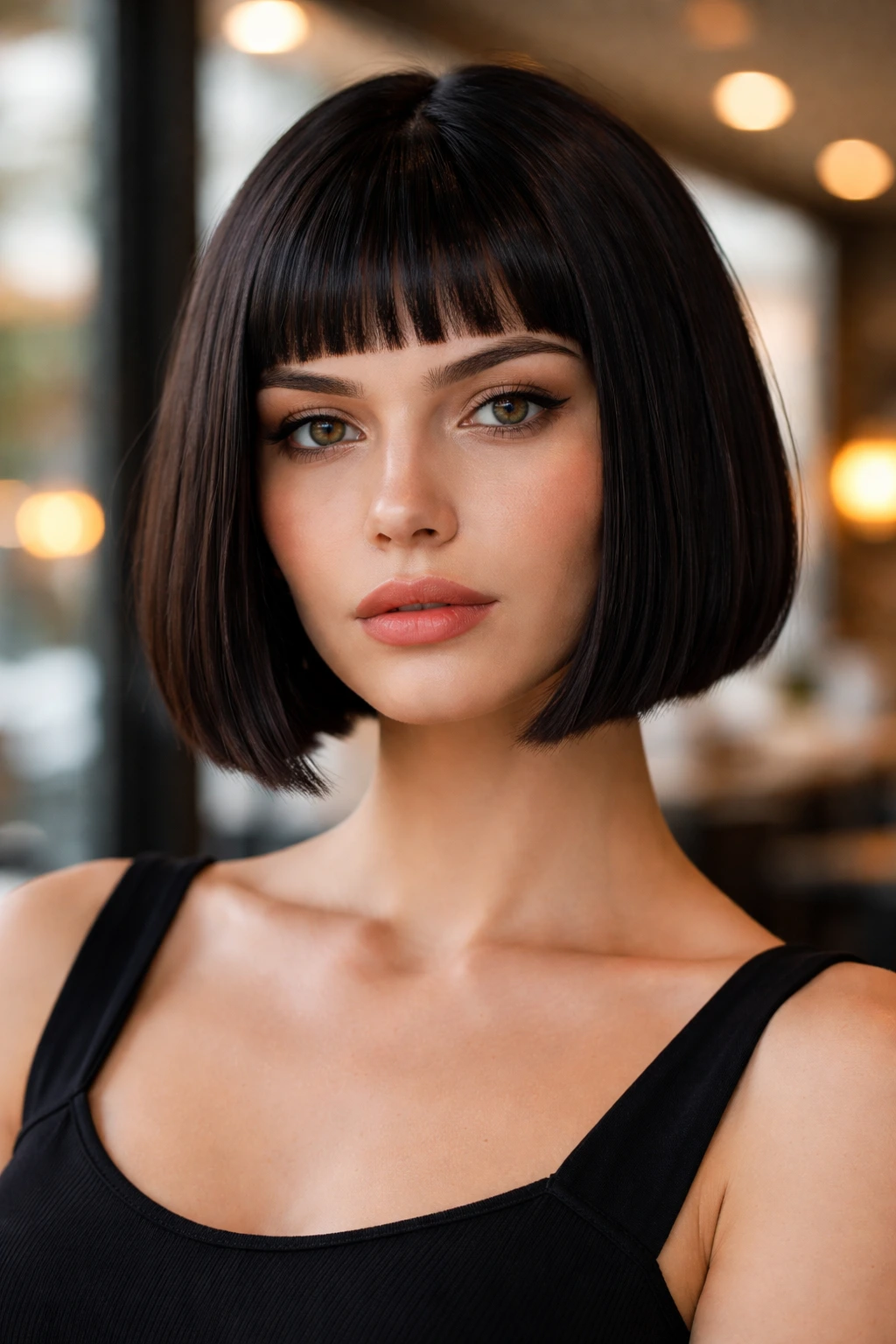 Close-up of a real woman with blunt jaw-line bob and micro-bangs