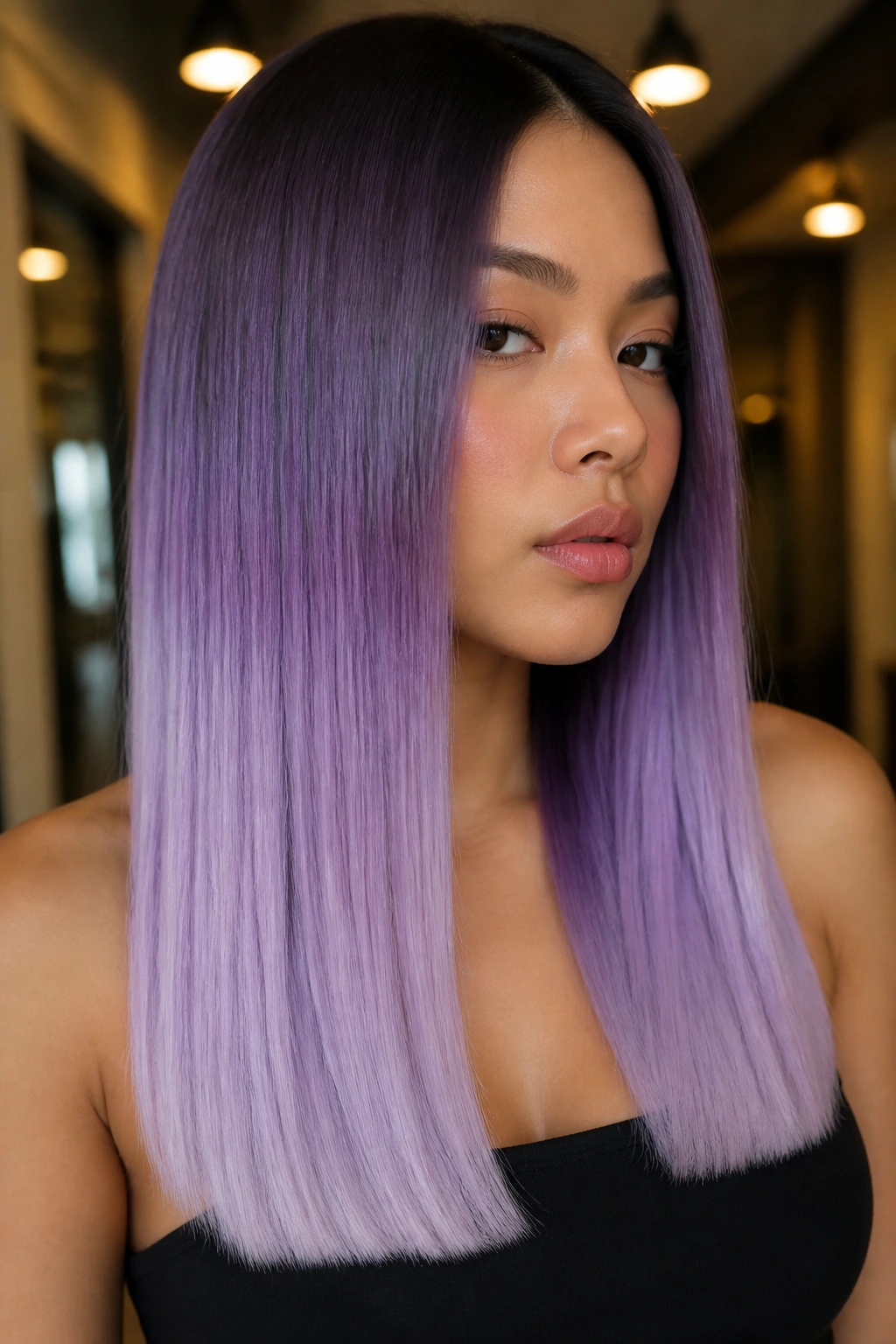 Close-up of blunt long hair with a sharp lavender fade