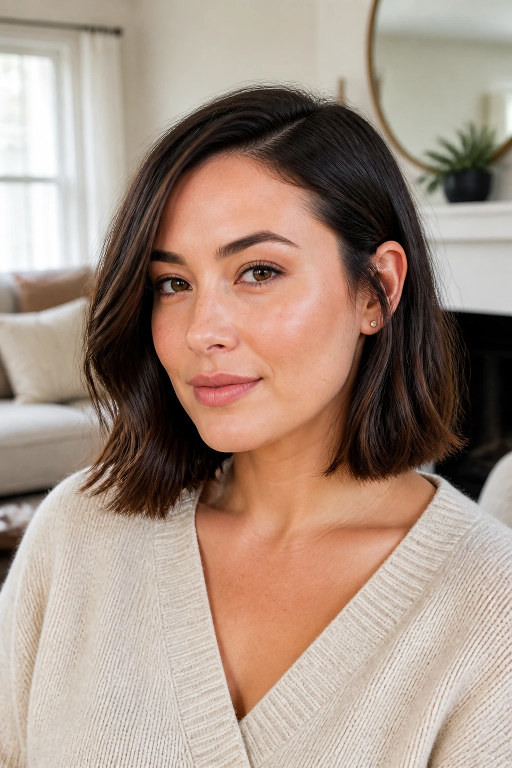 Close-up of a real woman with a blunt lob and tucked side