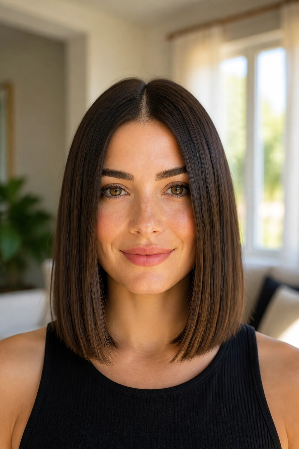 Close-up of brunette with collarbone-length blunt lob and middle part