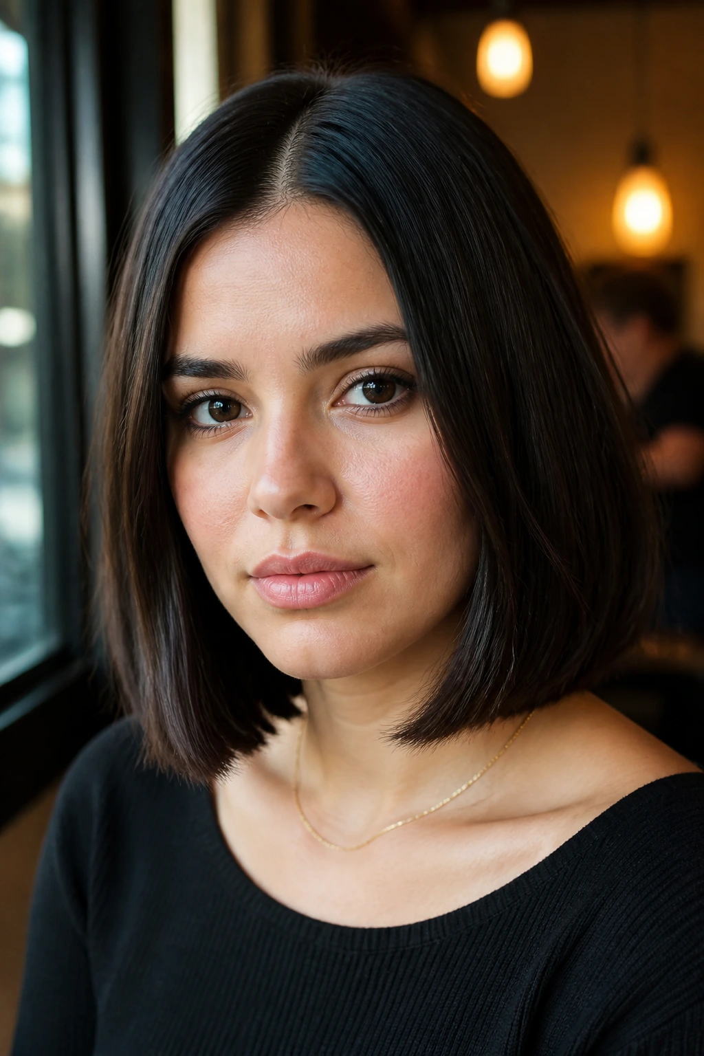 Close-up of a real person with a blunt lob and a clean center part, crisp vertical line