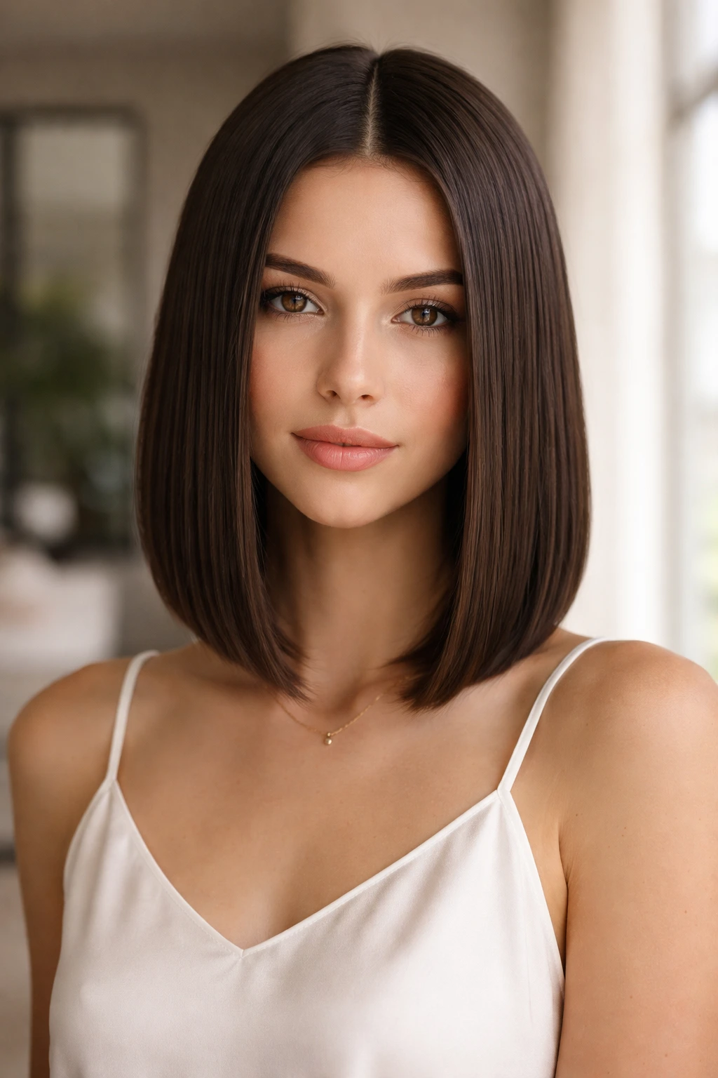 Close-up of a real woman with a blunt lob and center part