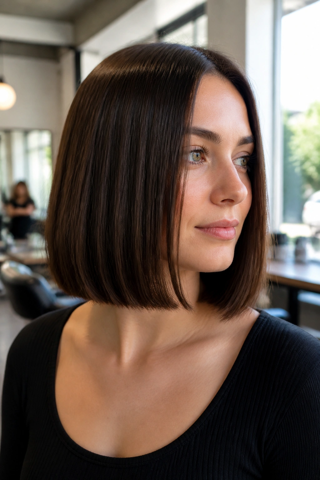 Close-up portrait of a real person with a blunt shoulder-length lob and a clean edge
