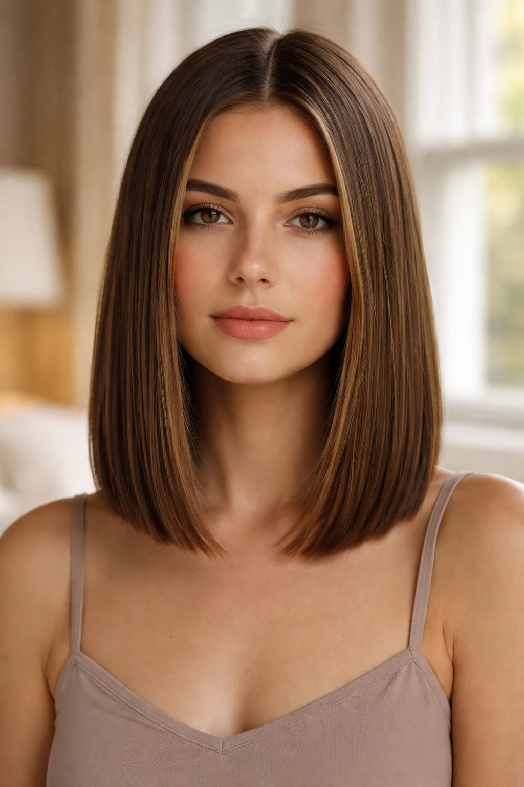 Close-up portrait of a real woman with blunt lob at collarbone length in natural window light
