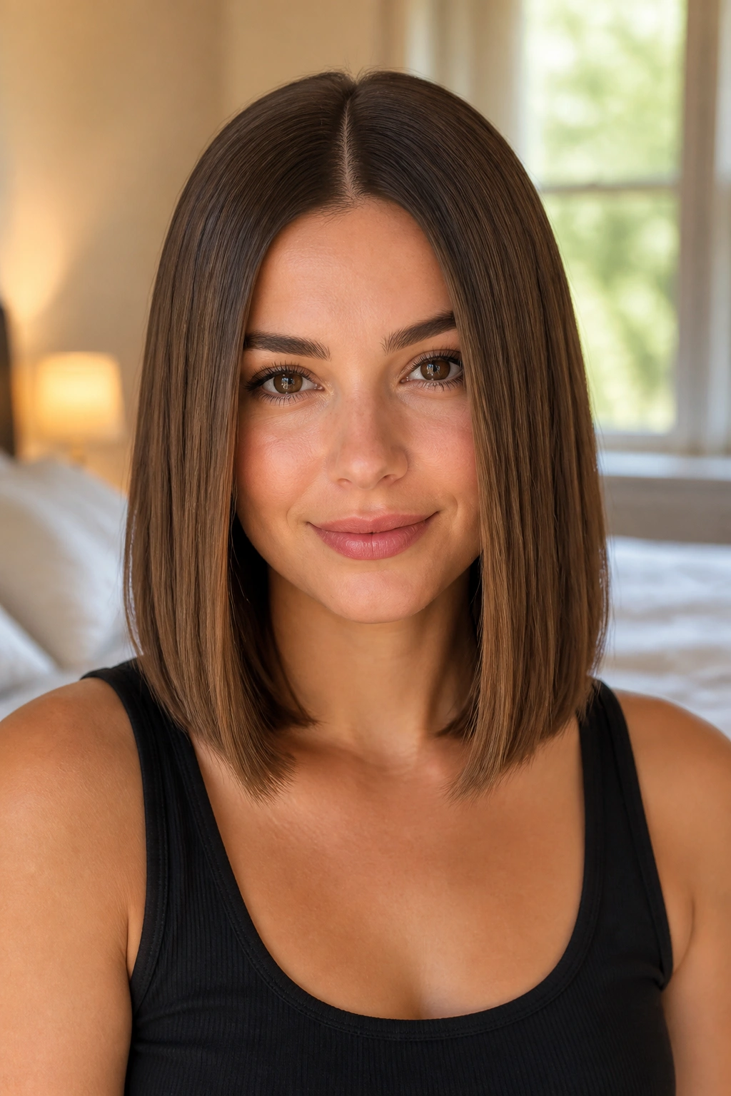 Close-up of a real woman with a collarbone-length blunt lob and center part.