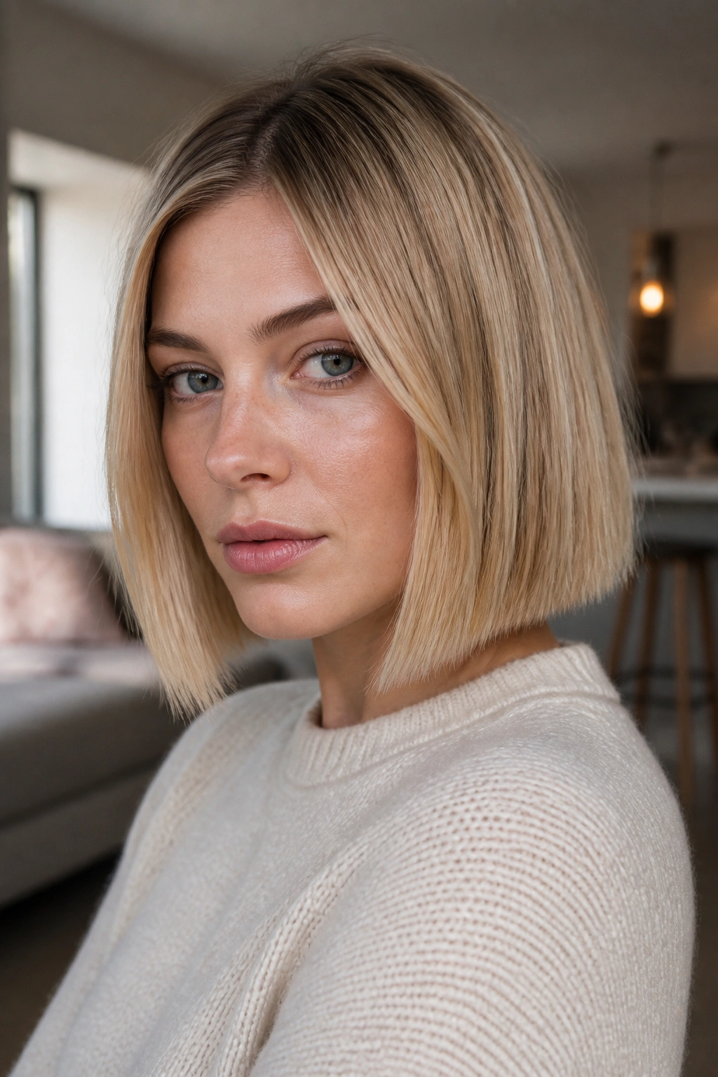 Close-up of a real woman with a blunt lob and crisp ends in natural light