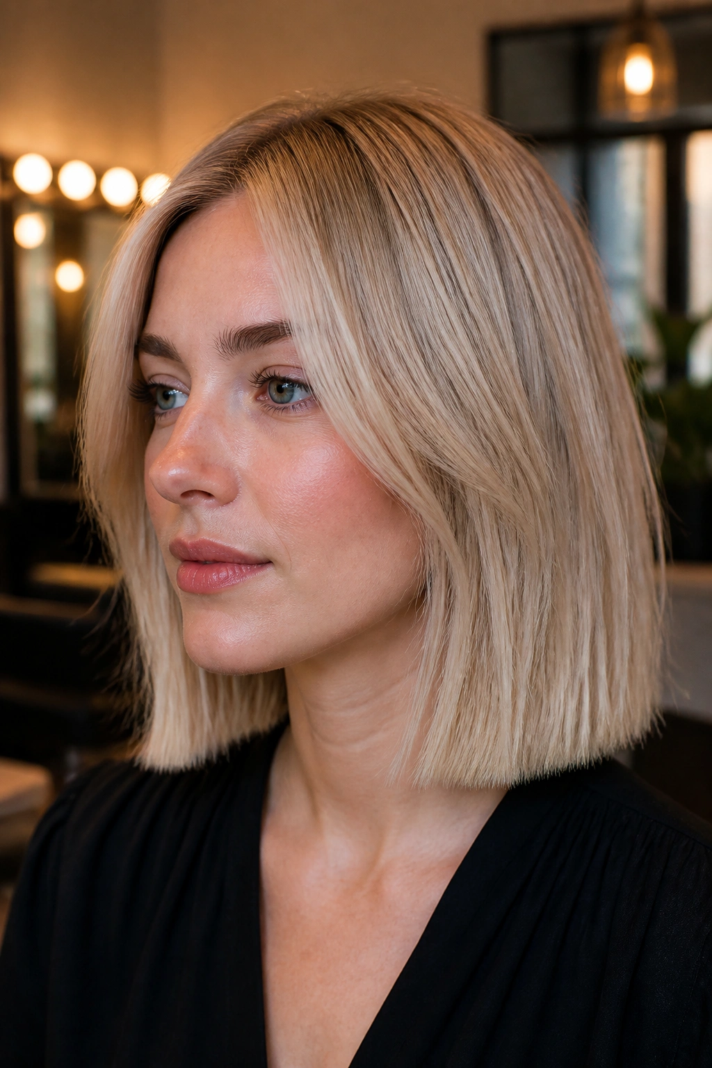 Real woman with blunt lob and crown-only internal layers in pale beige blonde in a warm salon