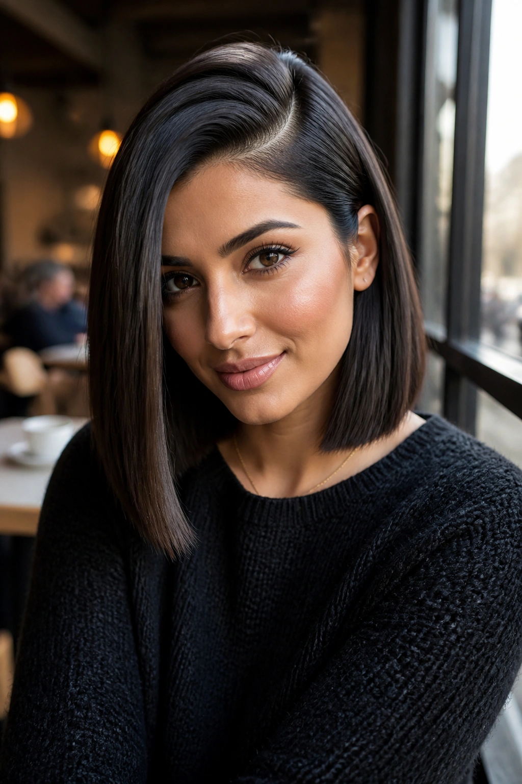 Close-up portrait of a real woman with blunt lob and deep side part