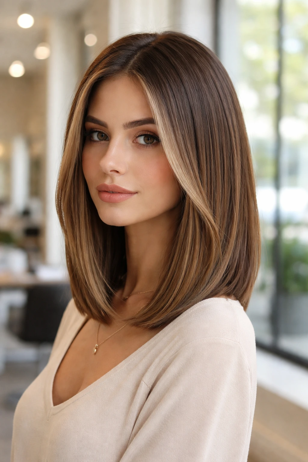Portrait of a real person with blunt-cut lob and chin-length face-framing pieces