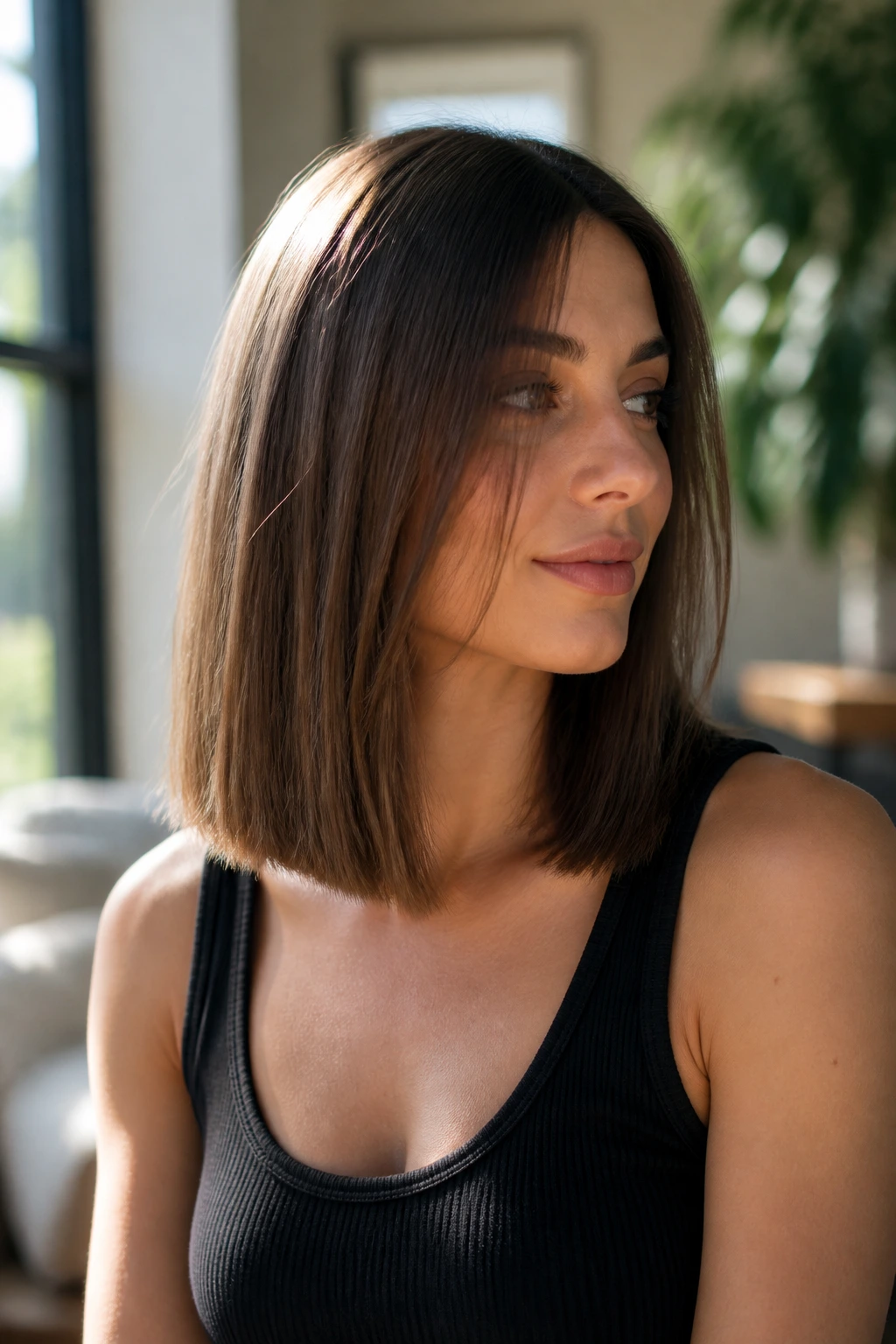 Blunt lob with hidden layers close-up portrait showing interior layers