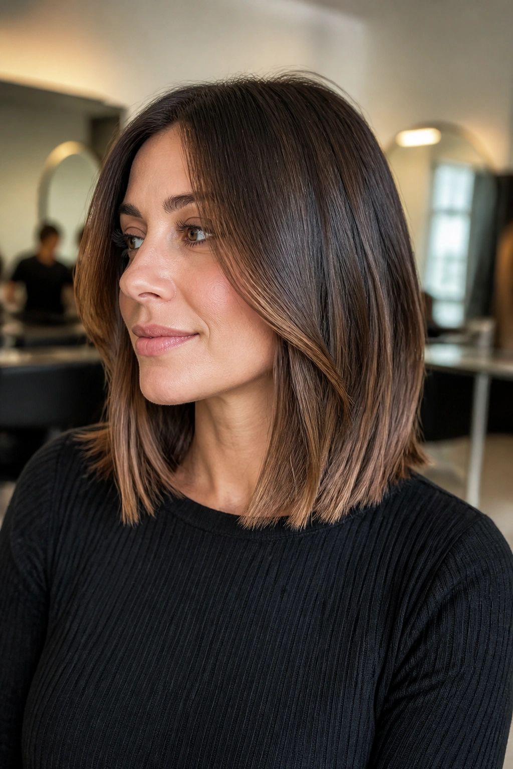 Medium close-up of shoulder-length blunt lob showing hidden interior layers on a real person