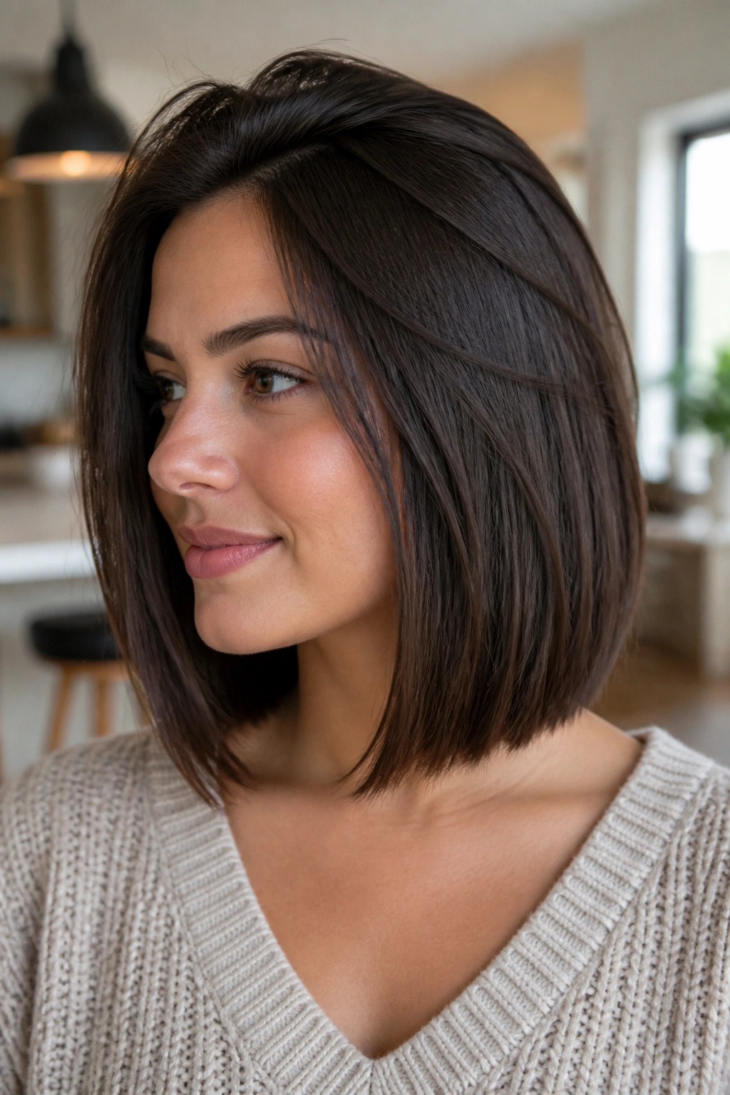 Close-up portrait of a woman with a blunt lob and hidden crown layers.