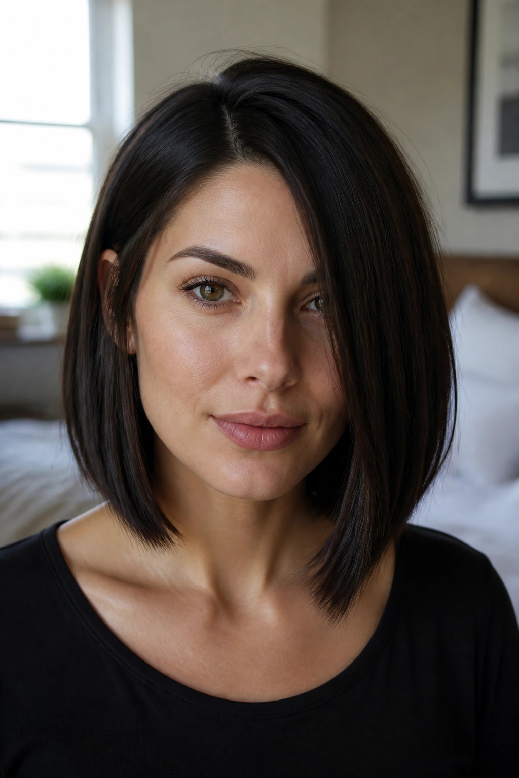 Close-up of a real woman with a blunt lob and hidden layers under natural window light