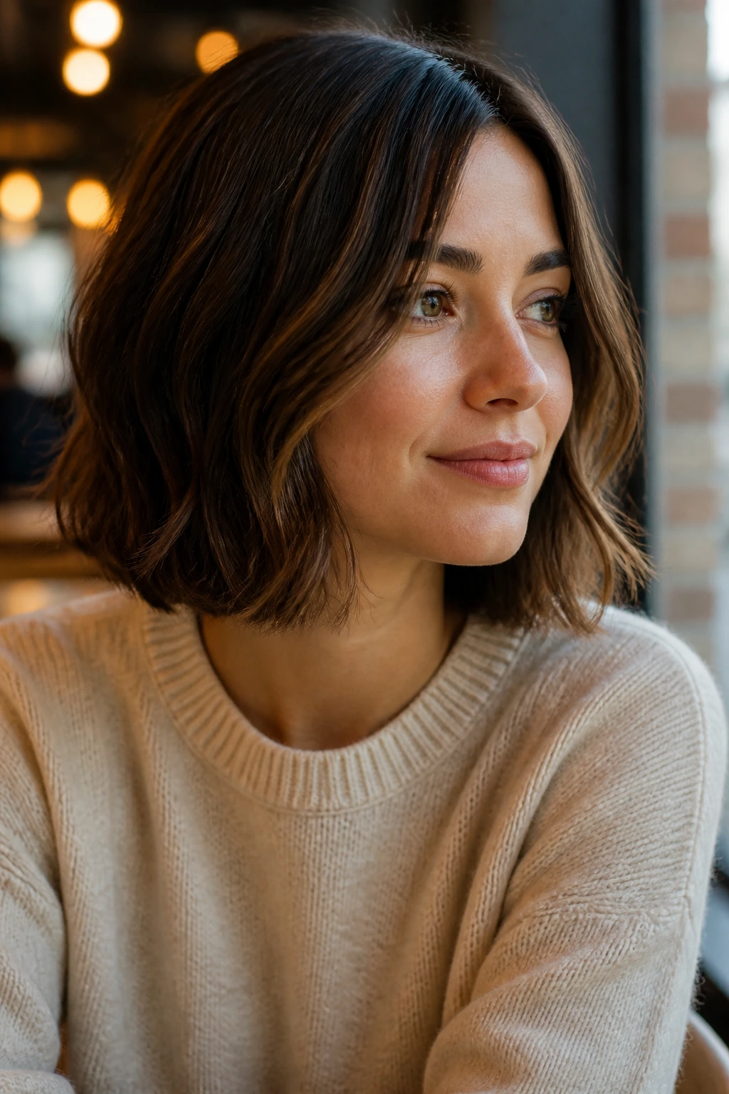 Close-up portrait of a real woman with a blunt lob and hidden movement in cafe light