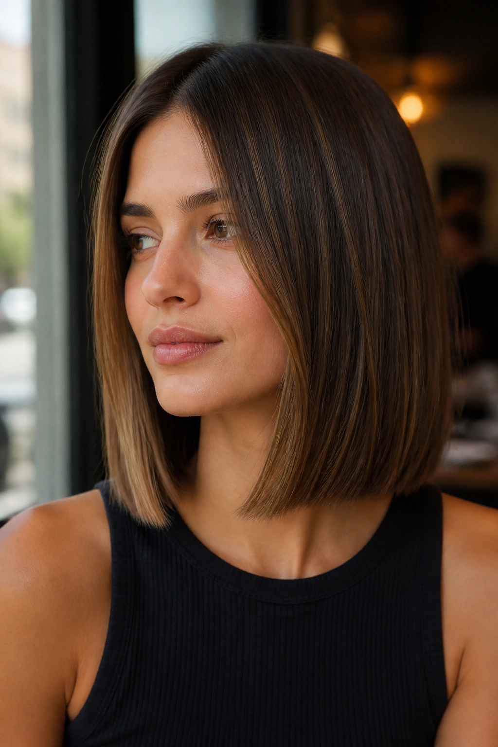 Close-up portrait of a woman with a blunt lob and hidden interior layers, natural cafe light.