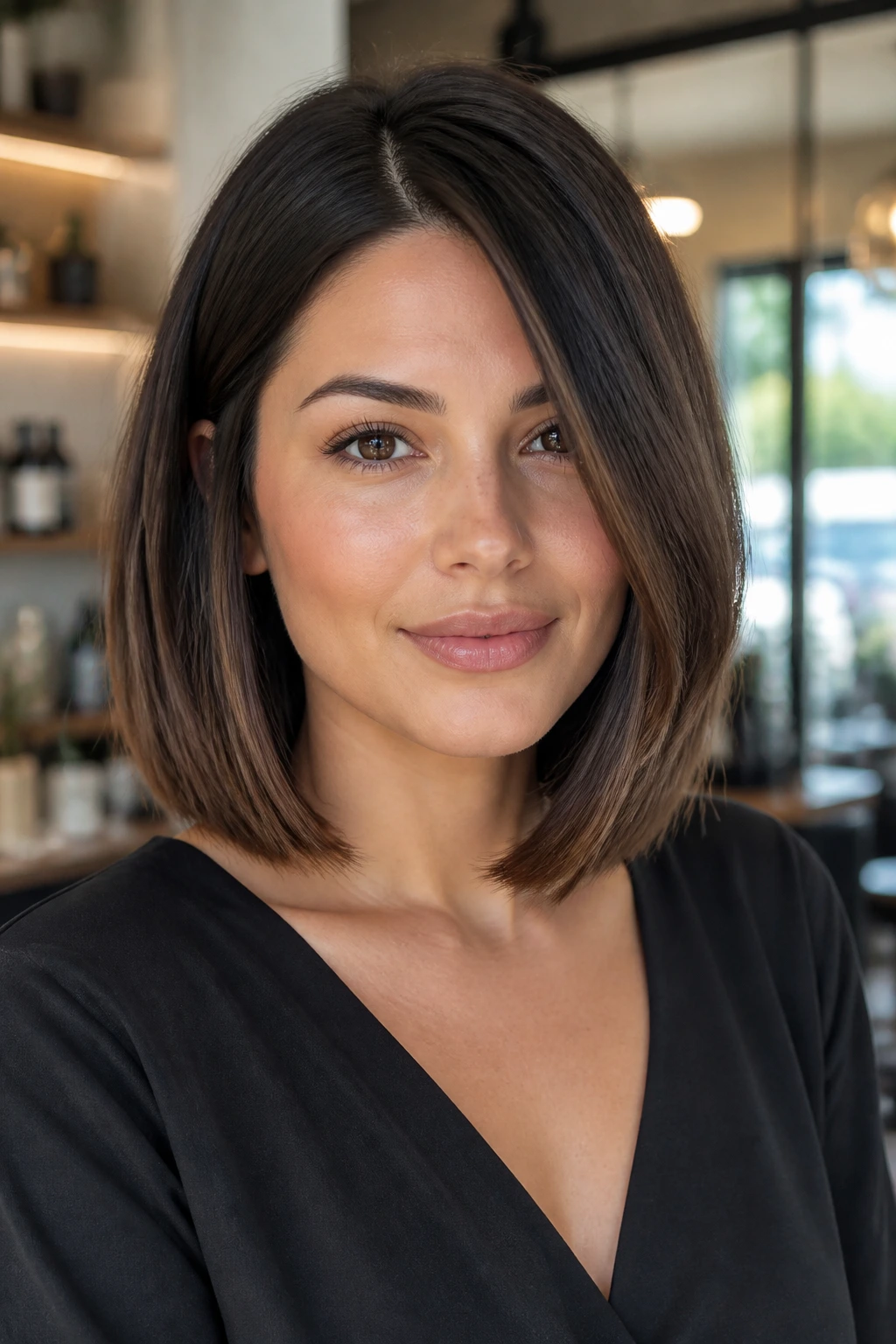 Real woman with blunt lob and hidden interior texture in a warm window-lit salon