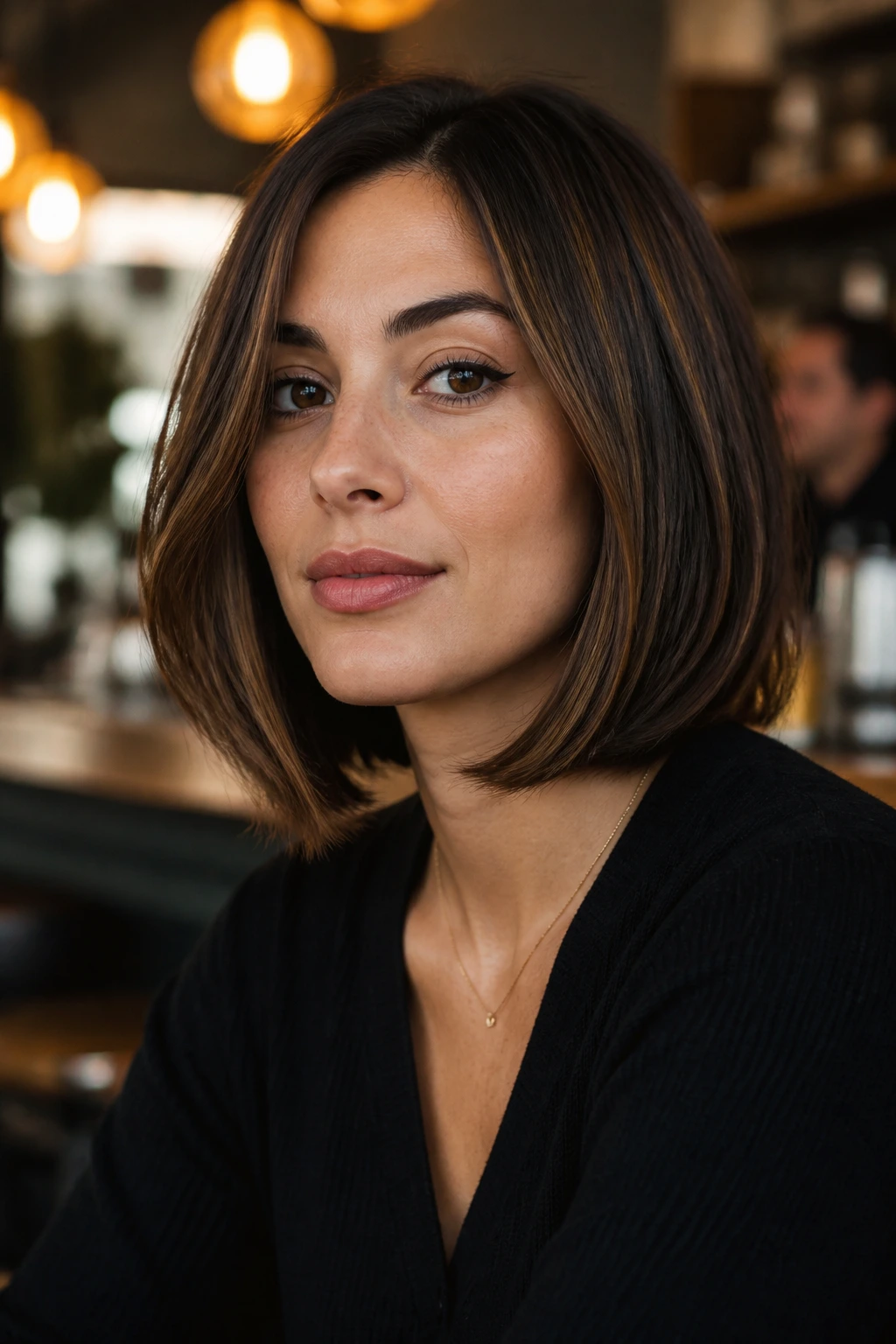 Close-up of a real person with blunt lob and hidden internal layers.