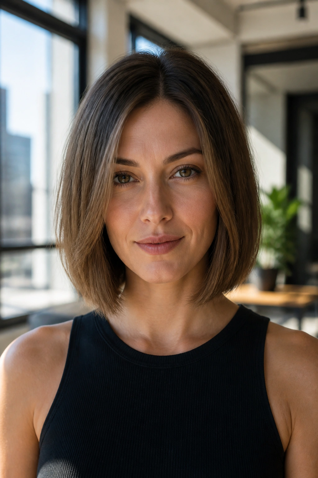 Portrait of a real woman with a blunt lob and invisible layers.