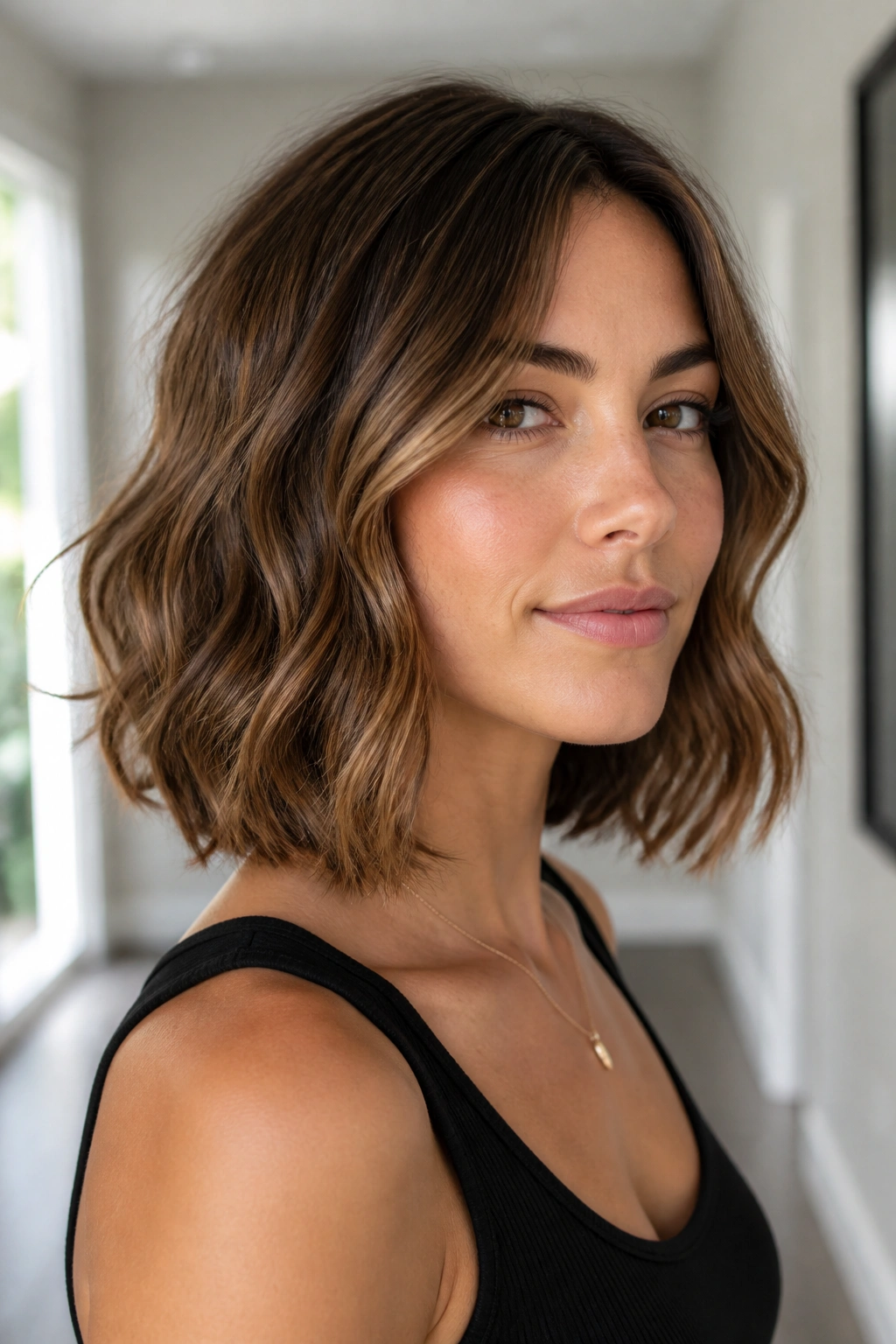 Real person with blunt lob and invisible layers showing a strong collarbone-length edge.