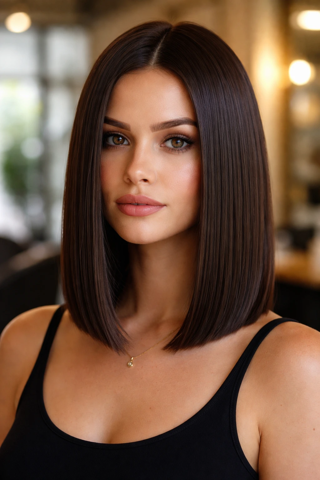 Close-up portrait of a real woman with a blunt one-length lob in a salon