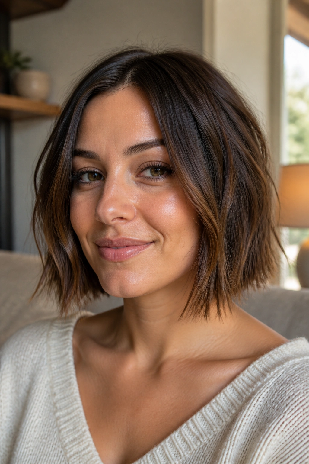 Close-up of a real person with a blunt lob and broken texture below the jaw in a cozy room